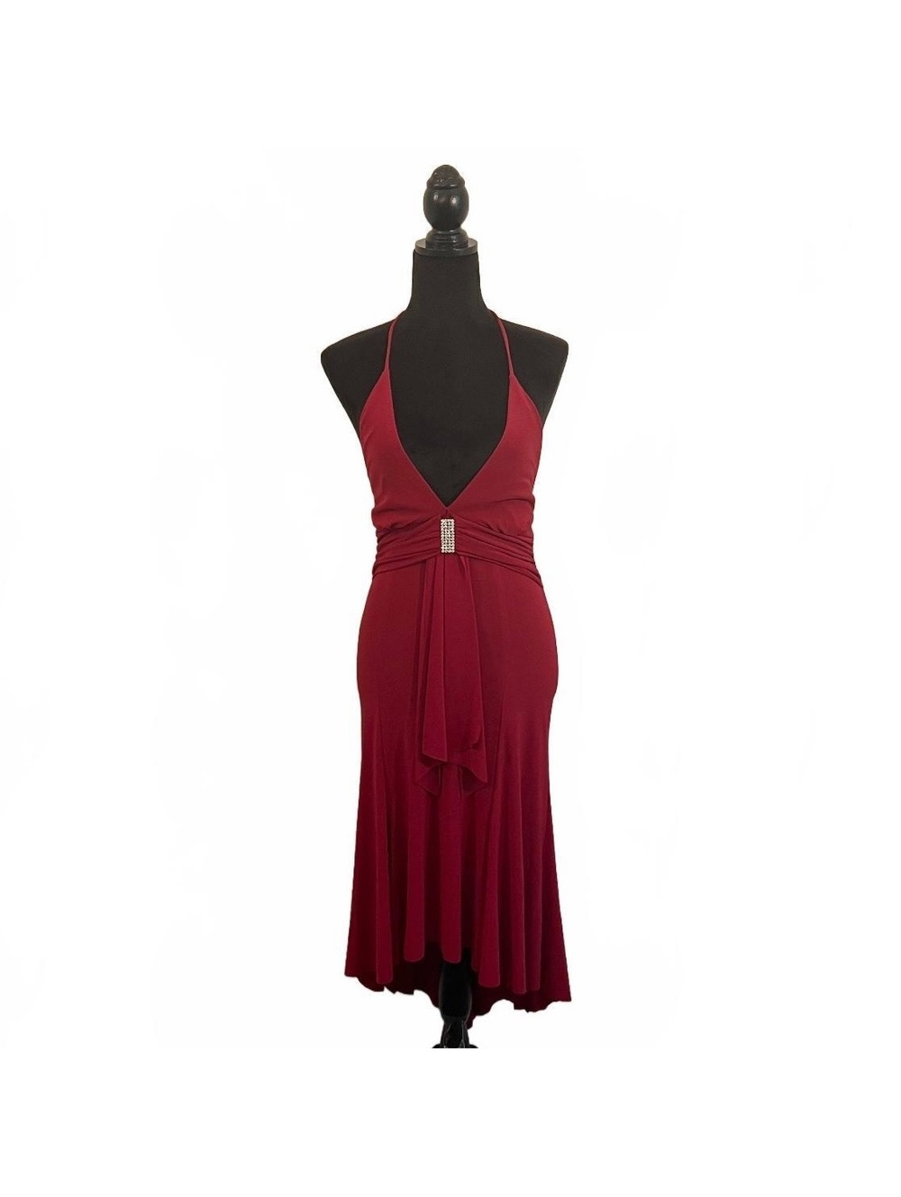 Y2K B. Darlin Red Plunge Halter Neck Midi Party Dress 2000’s Event